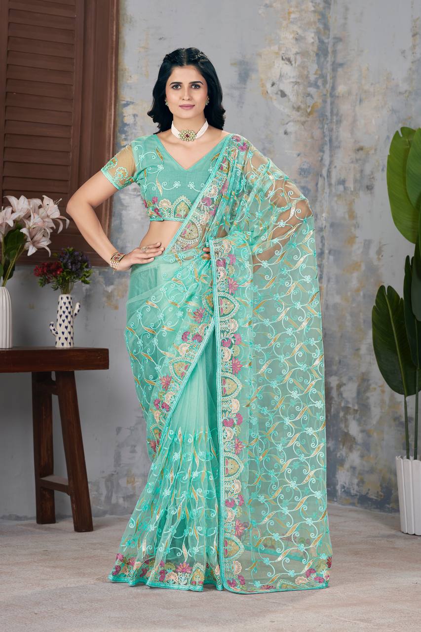 Butterfly Net saree, featuring exquisite designer chain stitch (Aari) embroidery