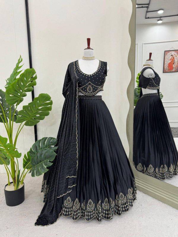 Satin Silk Hot Fix work Black Party Wear Lehenga Choli Set