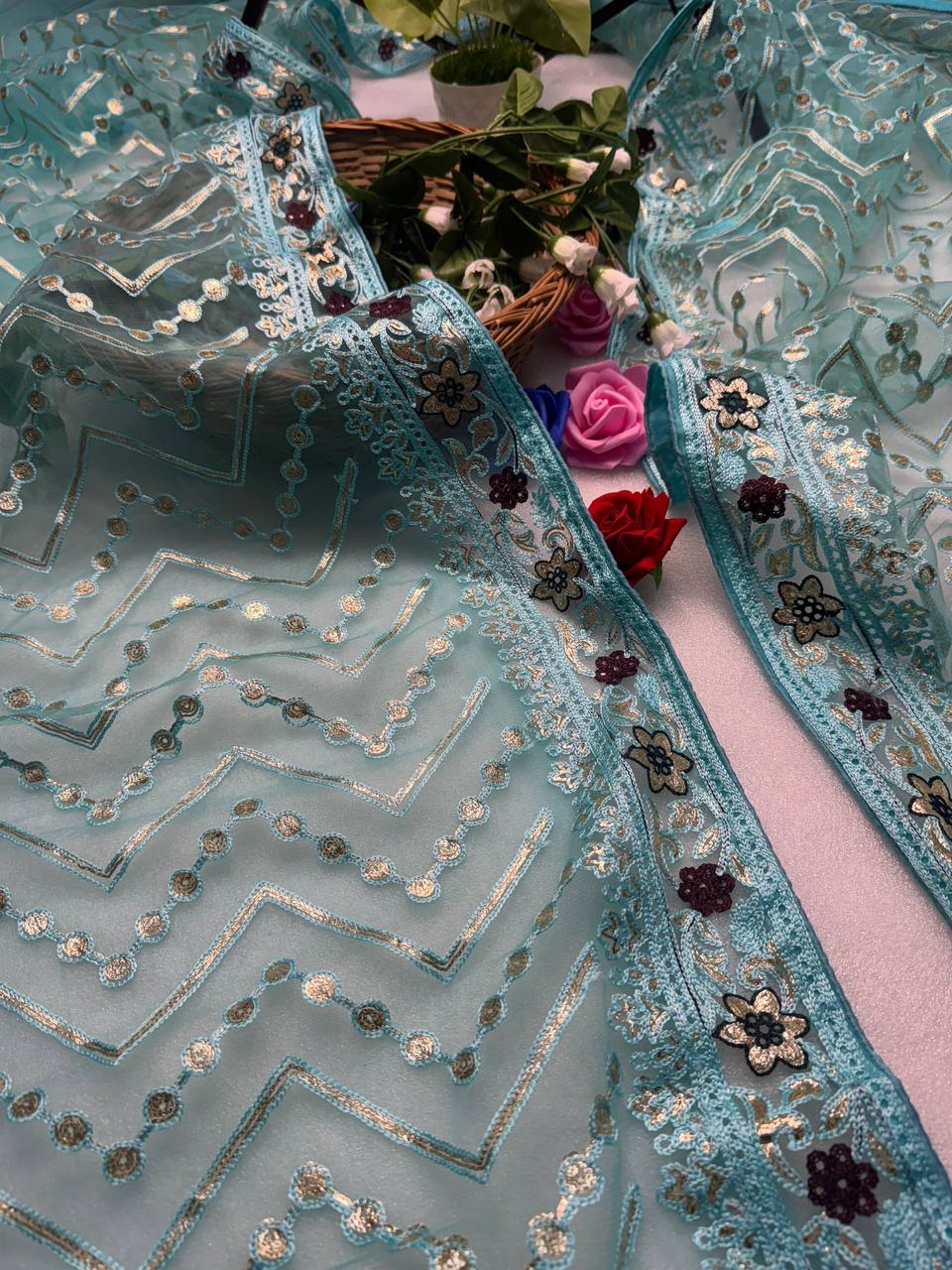 Butterfly Net saree, meticulously crafted with designer chain stitch embroidery