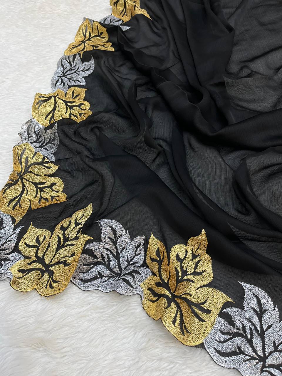 Sartin Chiffon Silk Saree featuring exquisite designer jari thread embroidery