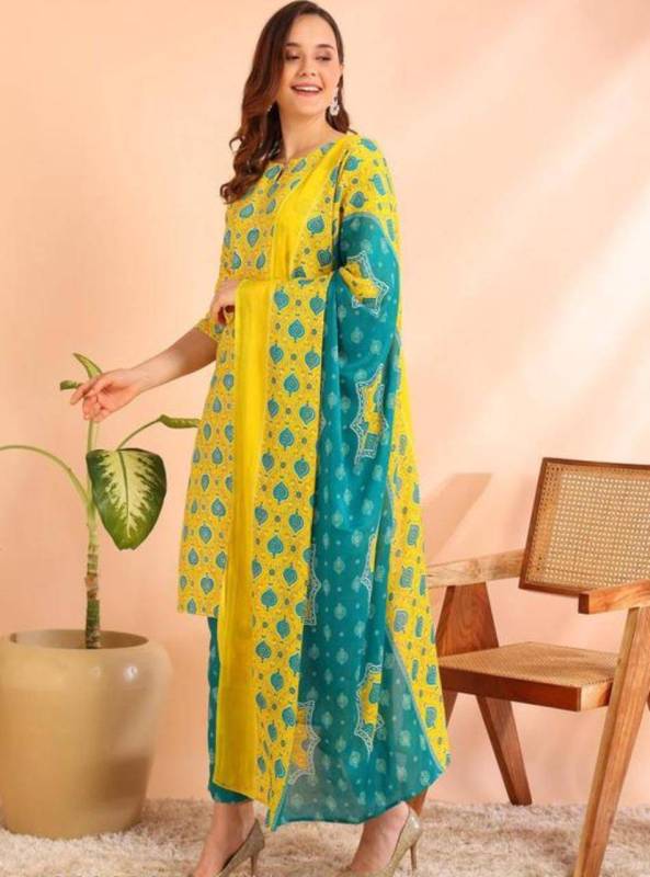Women's Poly Rayon Foil Print Straight Kurta With Pant & Dupatta 