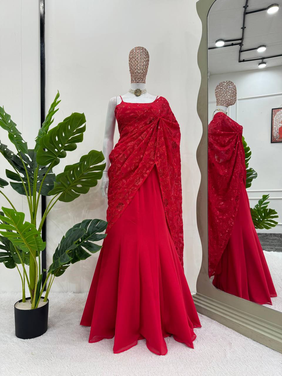  Red faux georgette Ready-to-wear Lehenga Saree