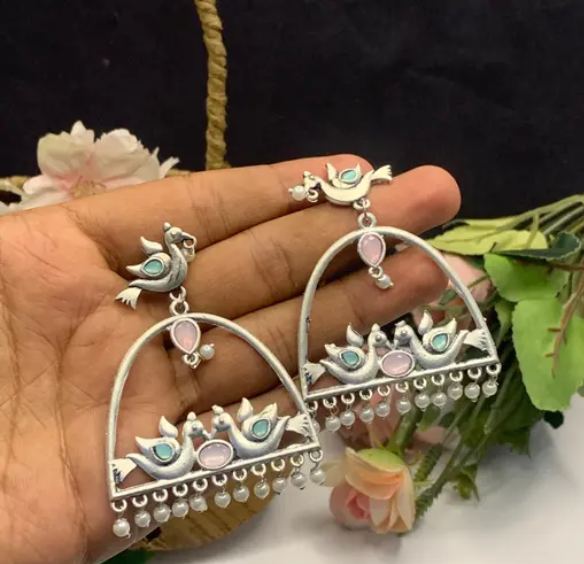 Ethnic Silver Plated Kundan Bird Earring