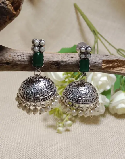 Beautiful Oxidise Silver Green Stone Jhumka For Girl And Women