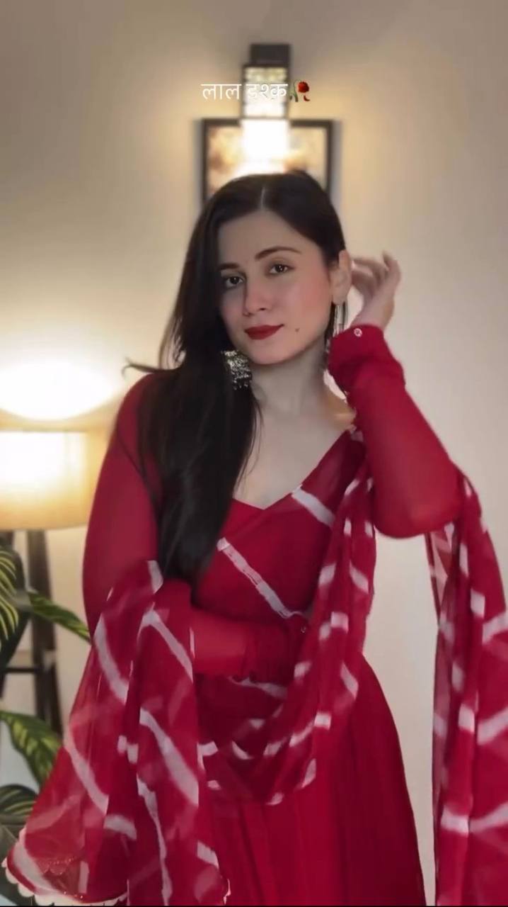 Red Faux Georgette Palazzo Set, top, palazzo, and dupatta