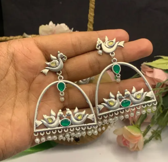 Ethnic Silver Plated Kundan Bird Earring