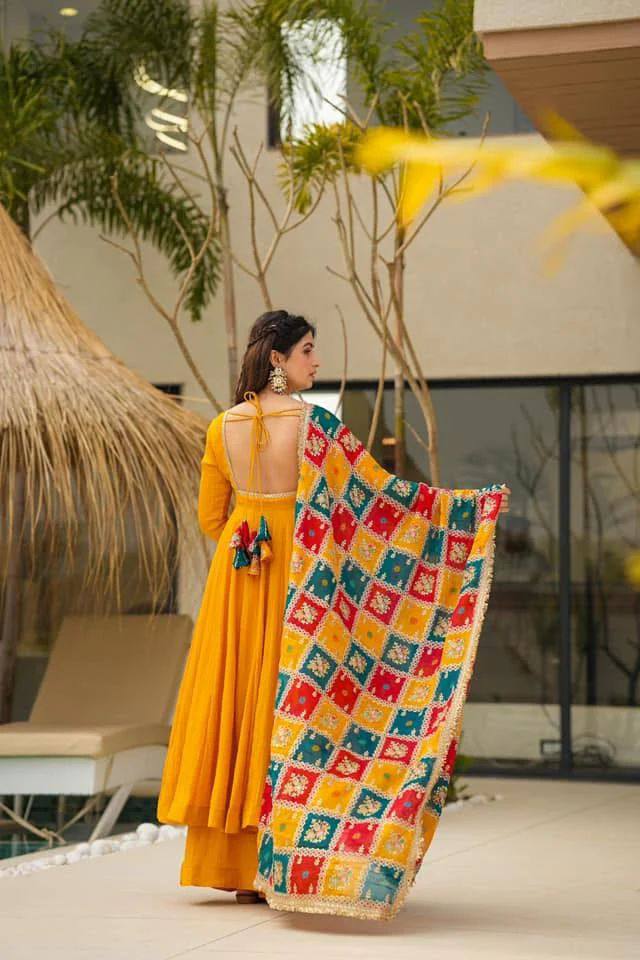  elegant three-piece ensemble featuring a Chinon silk top and palazzo pant with dupatta