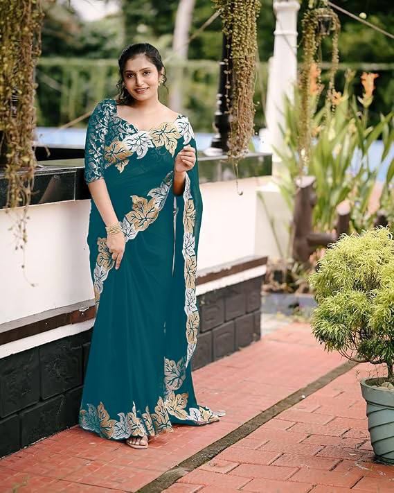Sartin Chiffon Silk Saree featuring exquisite designer jari thread embroidery