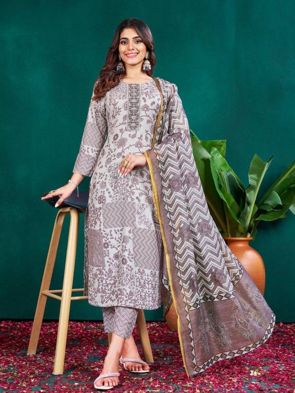 Women's cotton blend V neck Kurta With pant & Dupatta