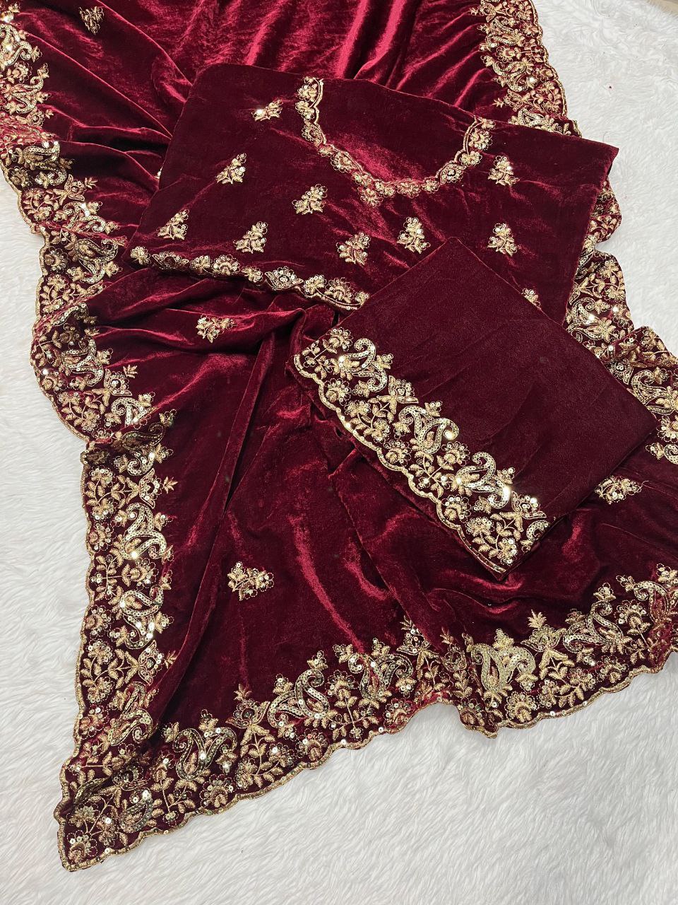 Velvet Saree showcasing opulent designer sequence and Jari thread embroidery